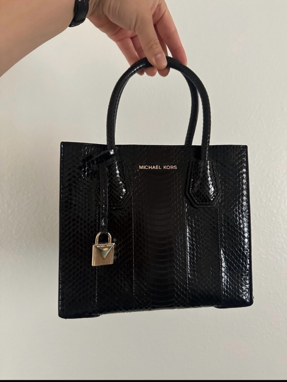 Michael Kors Black Patent Snake-Embossed Satchel with Gold Lock